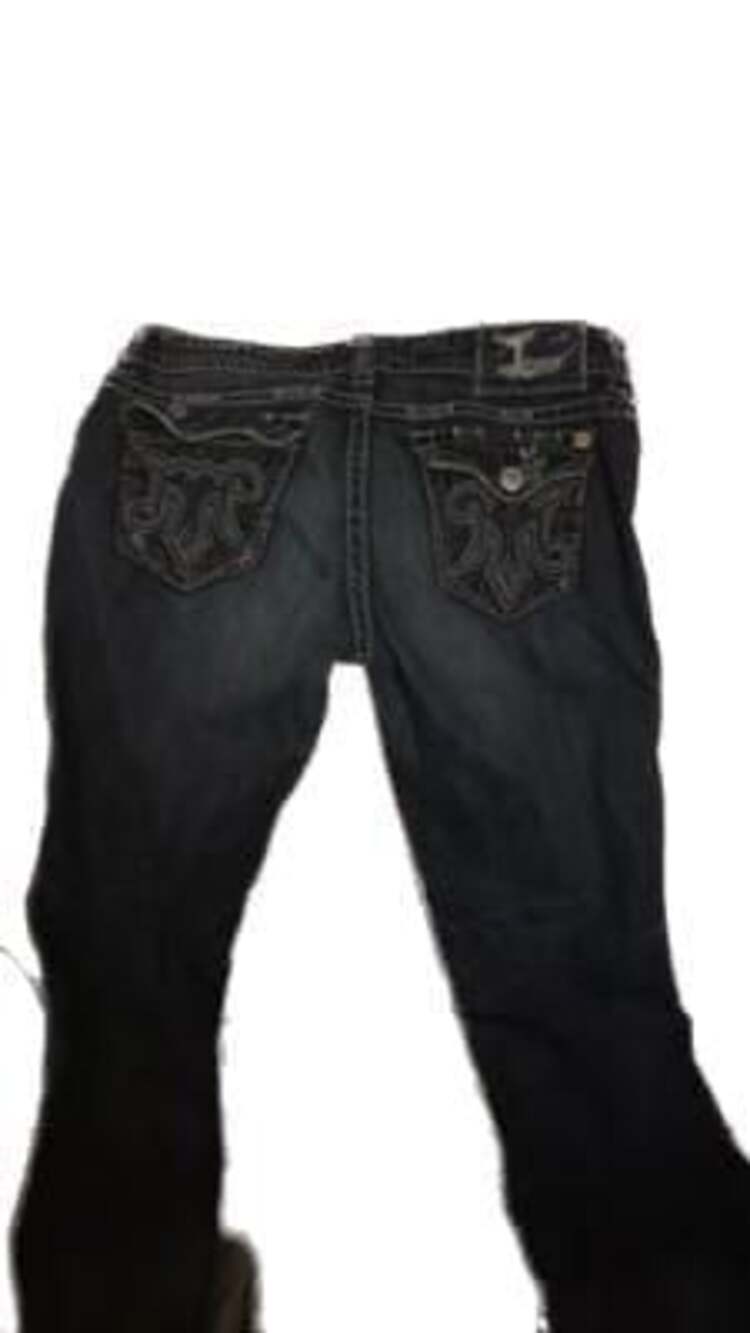 MEK Denim Womens Jeans Distressed Embroidered Flap Pockets